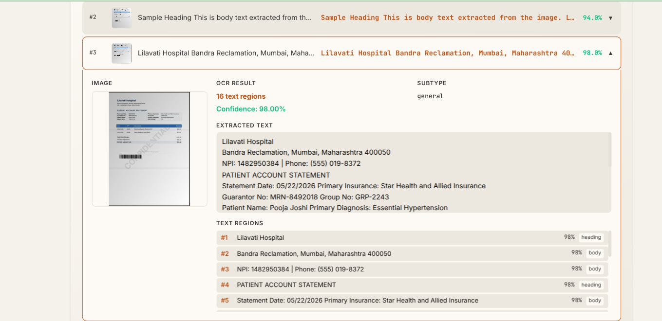 Document / OCR — extracted text regions with confidence scores