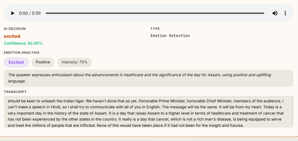 Emotion detection — detected emotion, sentiment, and intensity with transcript