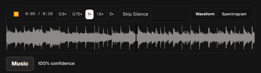 Audio classification — AI-assigned category label with confidence score