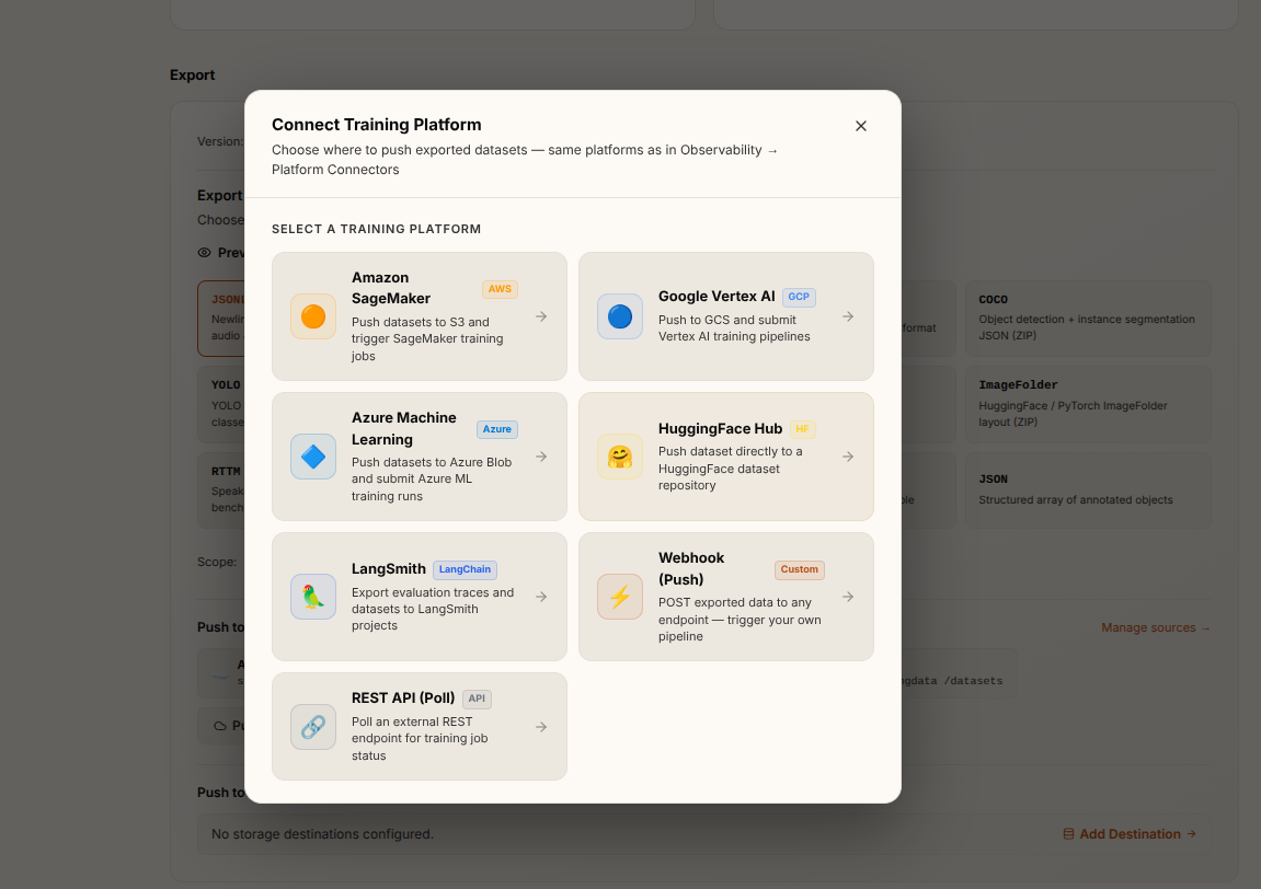 Connect Training Platform — SageMaker, Vertex AI, Azure ML, HuggingFace, LangSmith, Webhook, and REST API