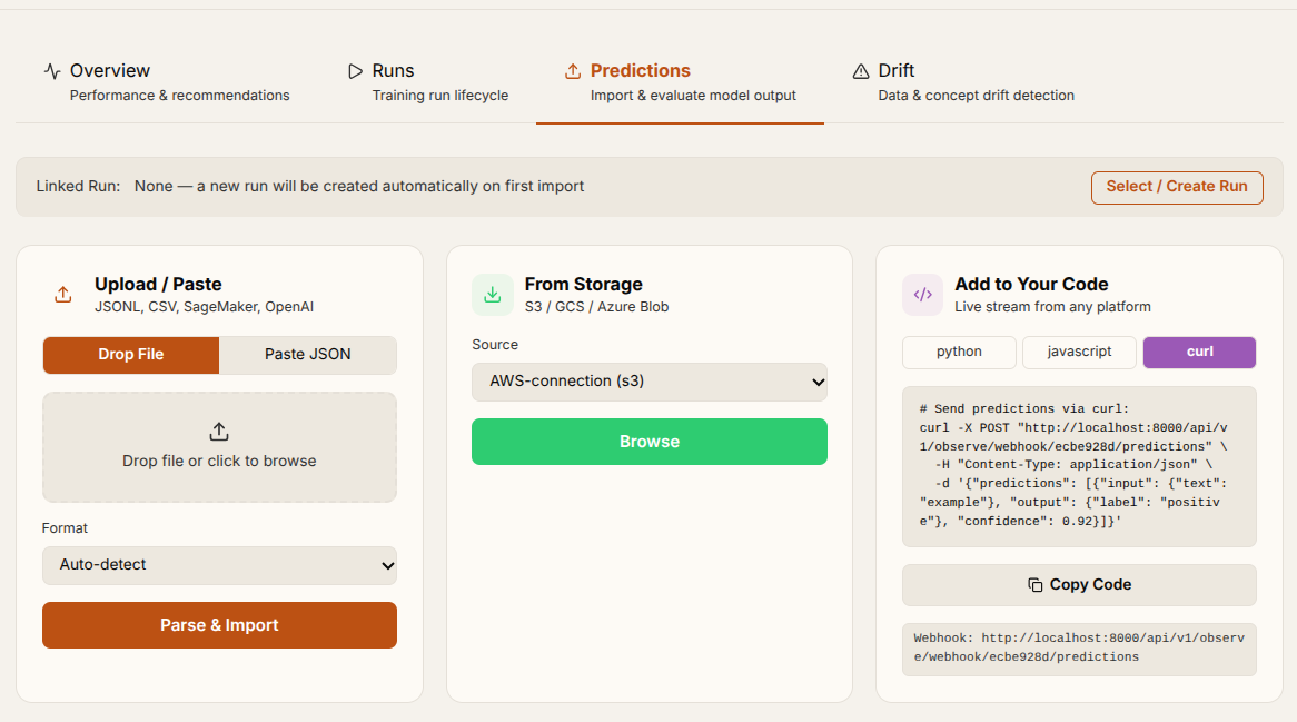 Predictions tab — upload/paste, import from storage, or stream predictions in via webhook