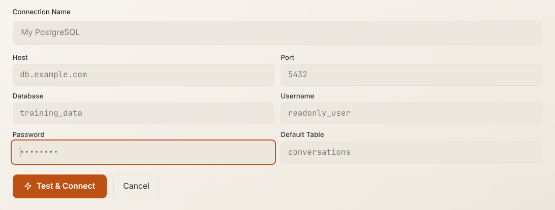 Connection setup form — host, port, database, username, and password, with test and connect