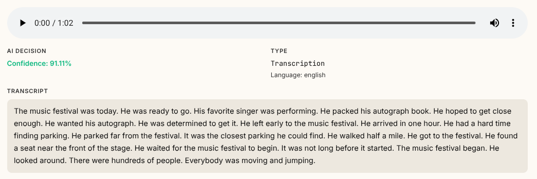 Transcription — AI-generated timestamped transcript with confidence score